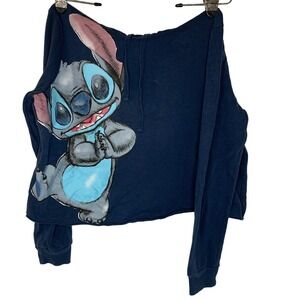 Disney Stitch Cropped Sweatshirt Women XL Hoodie Navy Blue Long Sleeve Cute